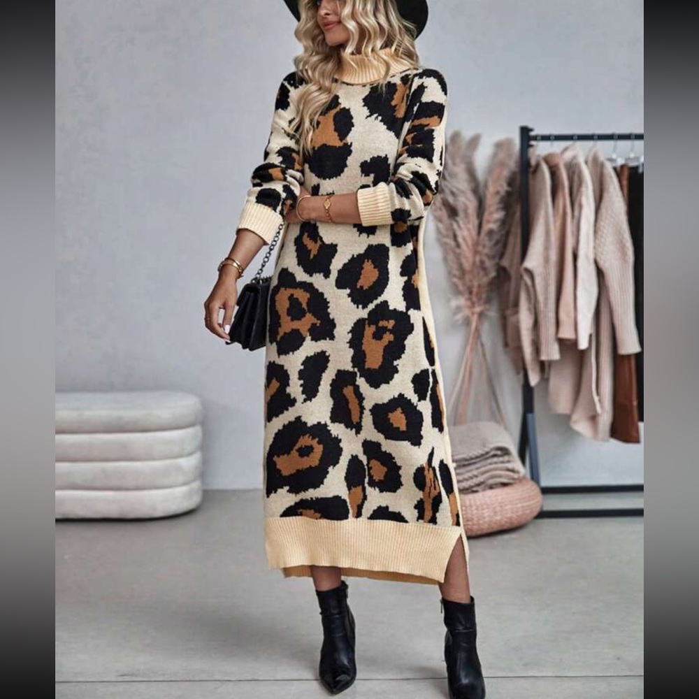 Cozy leopard print high neck sweater dress